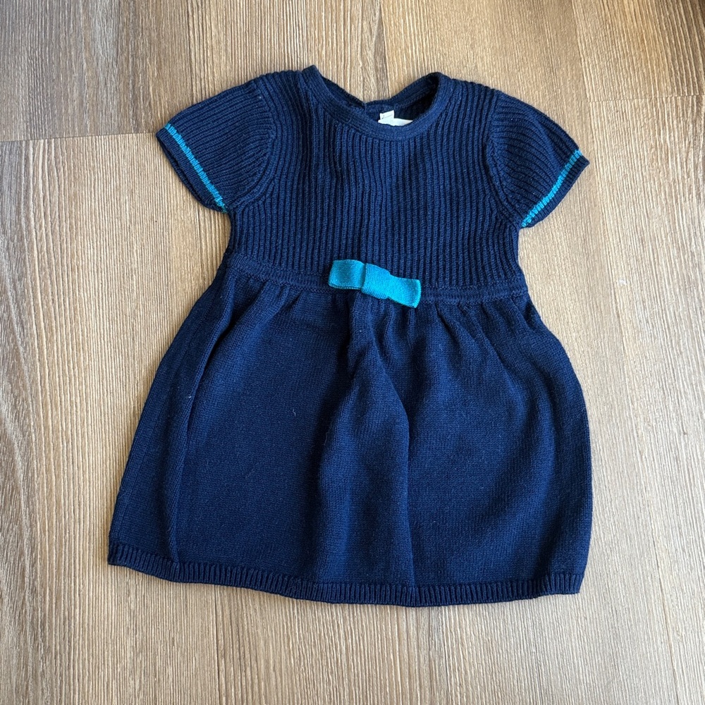Jacadi navy ribbed cotton wool blend bow embellished teal trim dress - 6months
